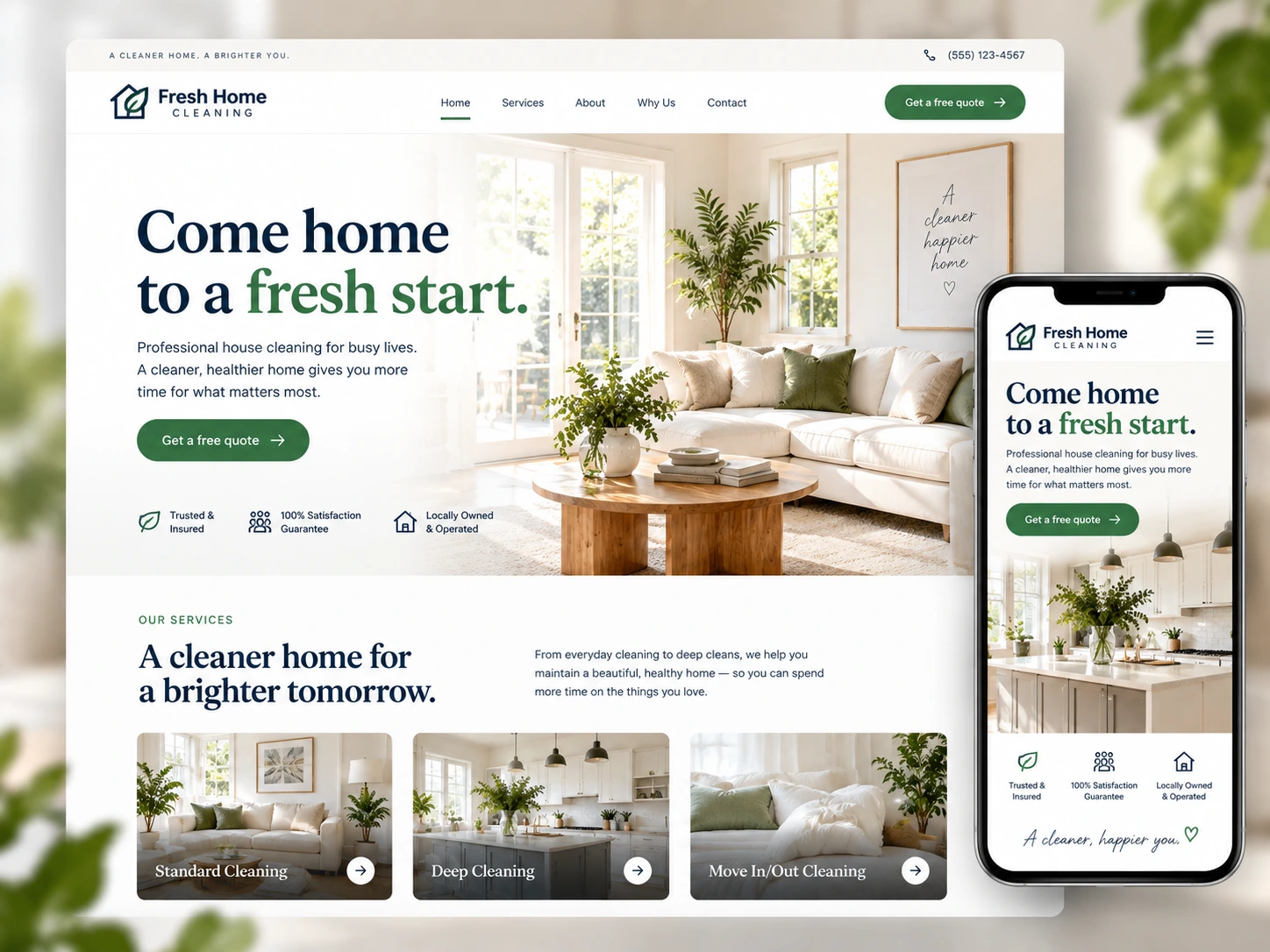Fresh Home Cleaning sample website concept on desktop and mobile