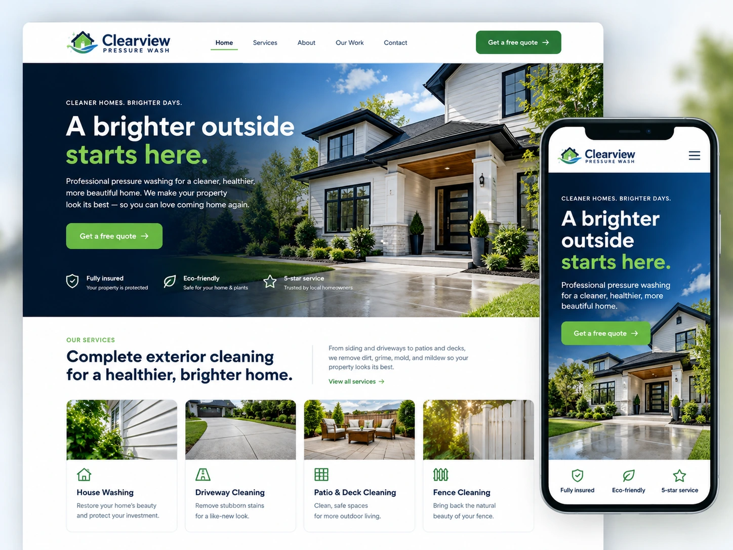 Clearview Pressure Wash sample website concept on desktop and mobile
